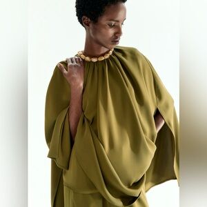 H&M Bead Detail Cape Blouse Khaki Green Size S NWT